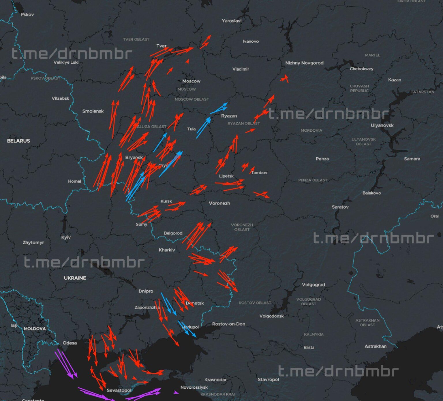 Approximate flight routes of Ukrainian UAVs heading towards russian targets tonight. According to russian sources, around 340 drones (including 10 jet ones) and 3 groups of BECs were reported. Approximate flight routes of Ukrainian UAVs heading towards russian targets tonight. According to russian sources, around 340 drones (including 10 jet ones) and 3 groups of BECs were reported.