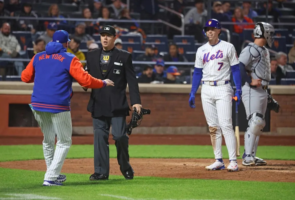 Manager Carlos Mendoza and Brett Baty argue the use of a ABS call during the sixth inning of the Mets’ 3-2, 10-inning win over the Tigers on May 13, 2026 at Citi Field. Robert Sabo for NY Post
