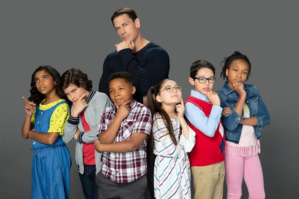 John Cena and a half-dozen fifth graders he may or may not be smarter thanCredit: Nickelodeon