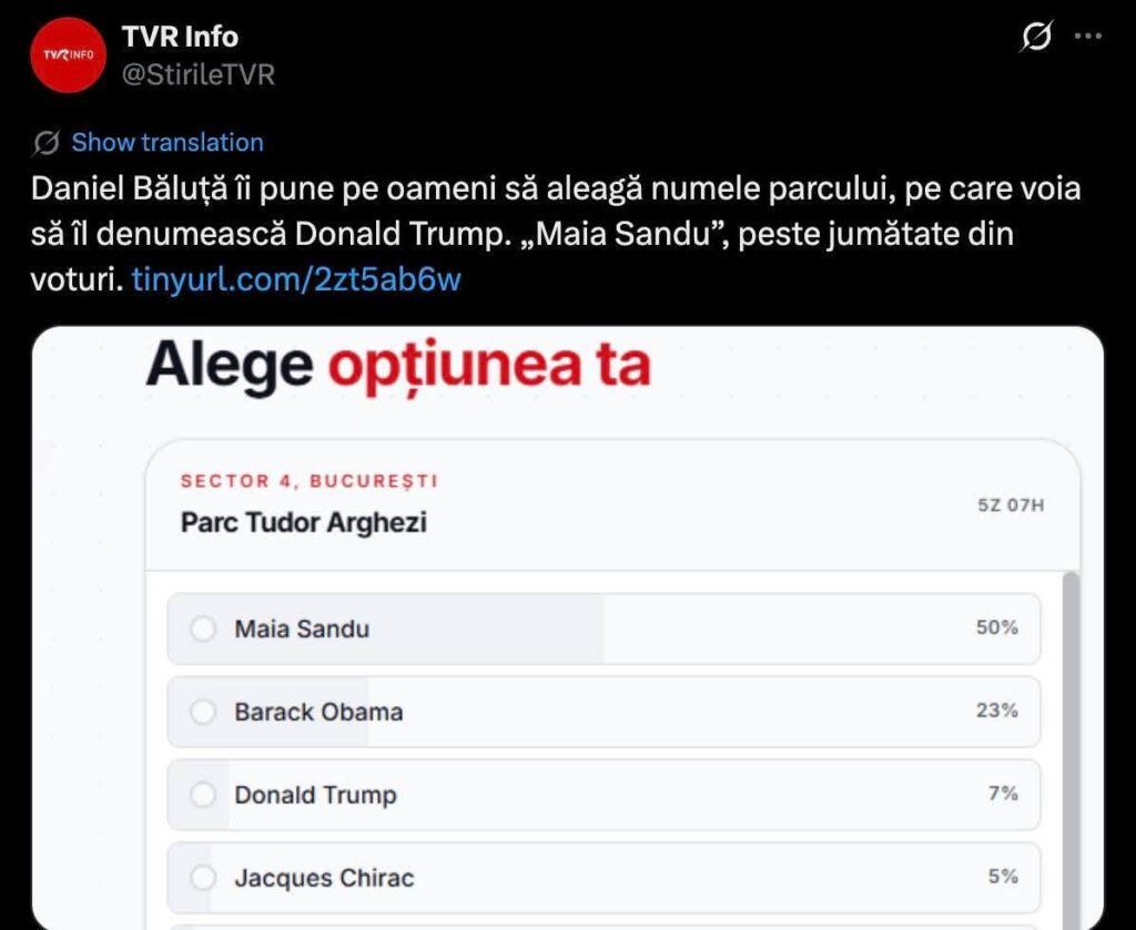 Daniel Băluță asks people to choose the name of the park that he wanted to name Donald Trump.
