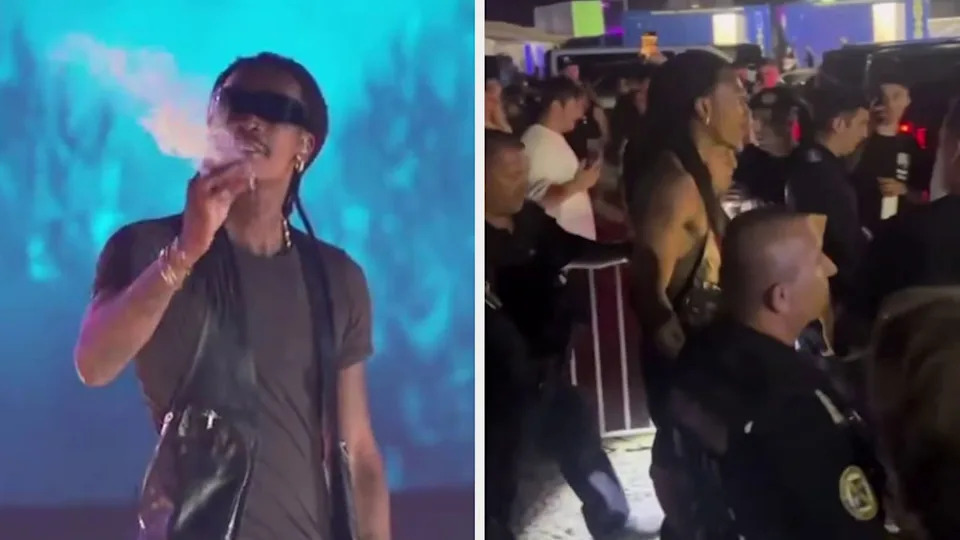 Rapper Wiz Khalifa on stage at a music event, depicted smoking on the left. On the right, he is escorted by security through a crowd