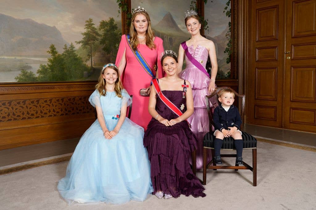 Norway's Princess Ingrid Alexandra (front C) poses for a with (back LtoR) Princess Catharina-Amalia of the Netherlands, and Princess Elisabeth of Belgium on the occasion of a gala dinner for Ingrid's 18th birthday in Oslo on June 17, 2022.    