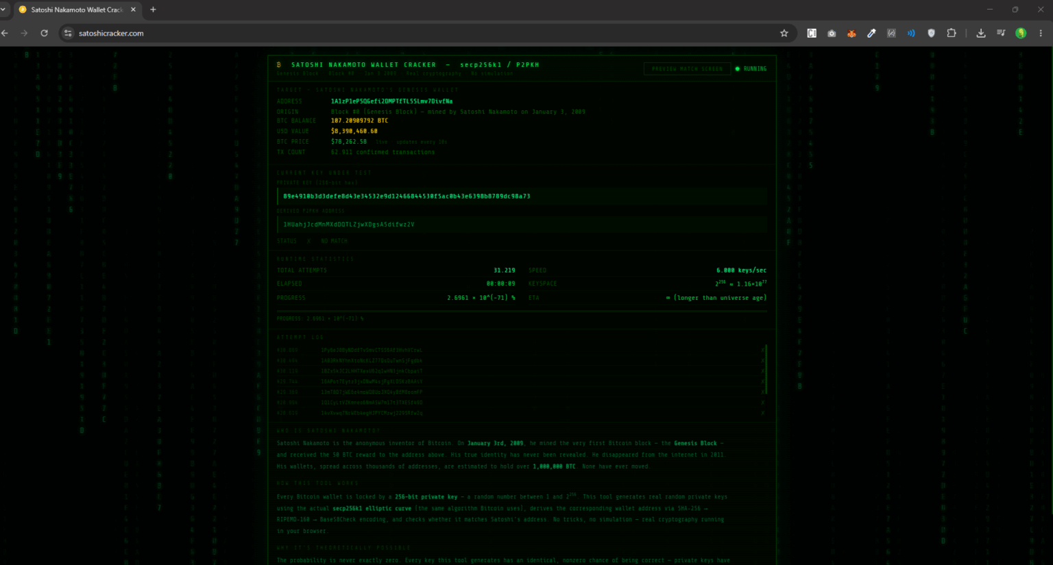 Technically my website could make me $80 billion. It won't. But it could. It tries to brute force guess Satoshi Nakamoto Wallet.