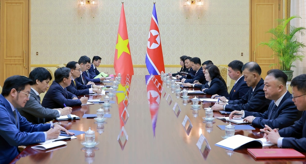 North Korean Foreign Minister Choe Son-hui, fifth from right, holds talks with Vietnamese Foreign Minister Le Hoai Trung, fourth from left, a special envoy of Vietnamese President and ruling Communist Party head To Lam, during their meeting at the Assembly Hall in Pyongyang on May 13. [NEWS1]