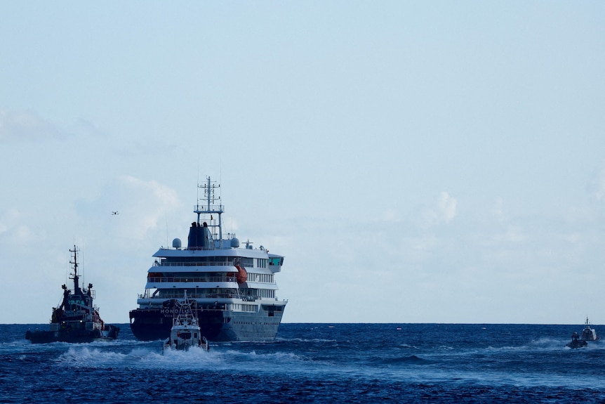 A cruise ship on the ocean, escorted by several smaller boats.