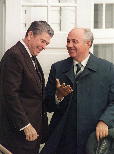 When Gorbachev and Reagan Tried to End the Nuclear Threat U.S. President Ronald Reagan (L) and Soviet leader Mikhail Gorbachev share a light moment October 11, 1986, outside Hofdi House in Reykjavik, Iceland, prior to their first round of talks. The summit produced no concrete outcome but it did energize bilateral arms control negotiations. (Photo by Mike Sargent/AFP via Getty Images)