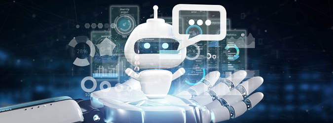 Graphics of a robot in the palm of a computer-generated hand.