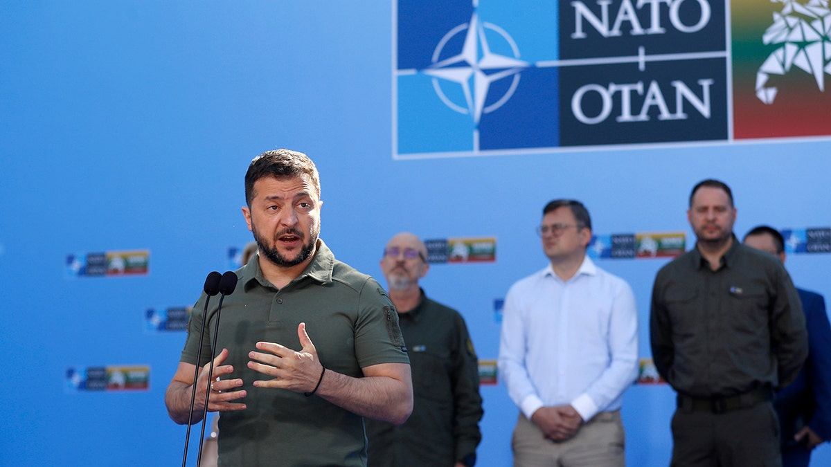 Ukraine's President Volodymyr Zelenskyy speaking to media at NATO summit in Vilnius Lithuania