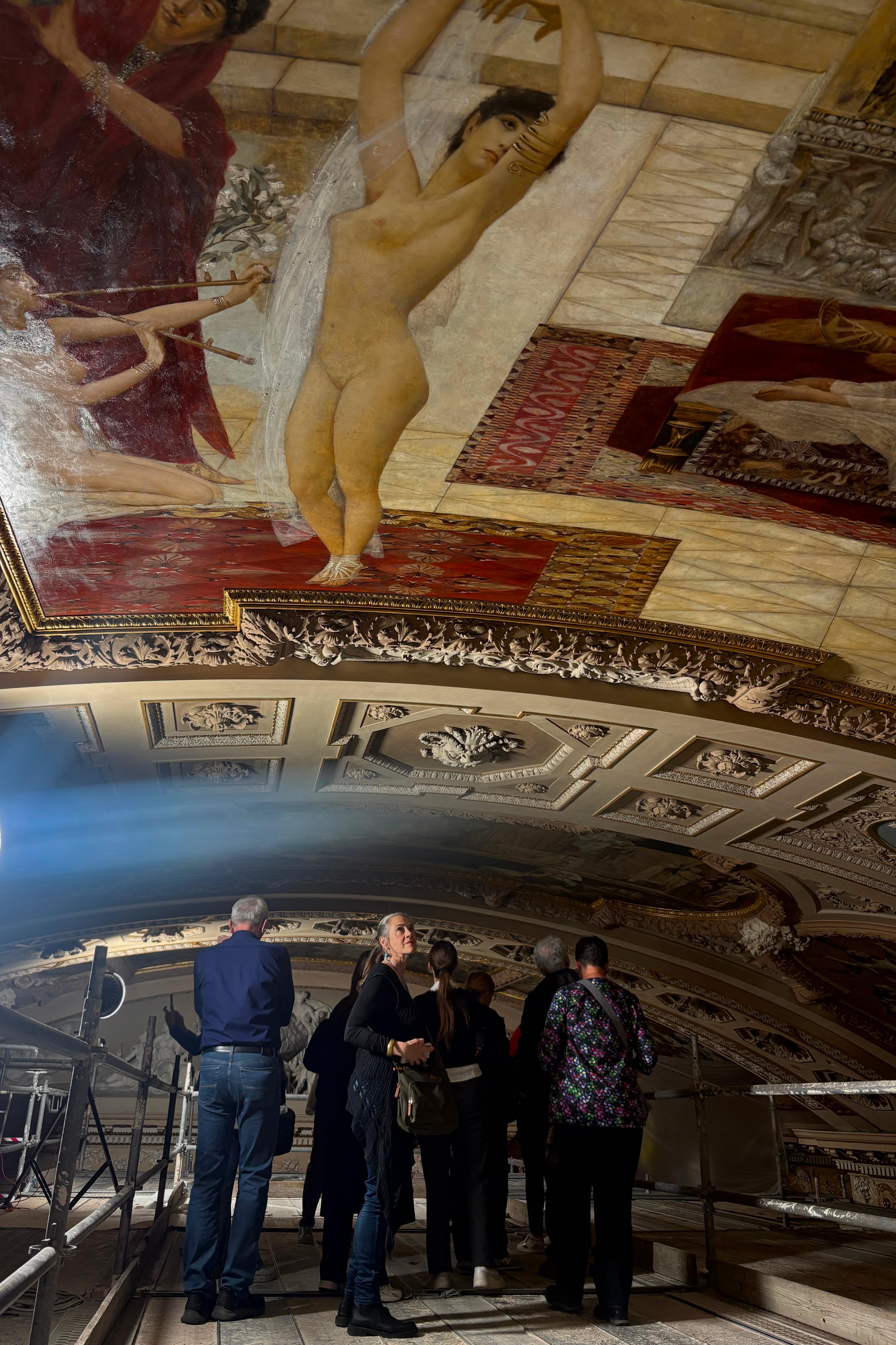 People attend a guided tour of the restoration of Gustav...