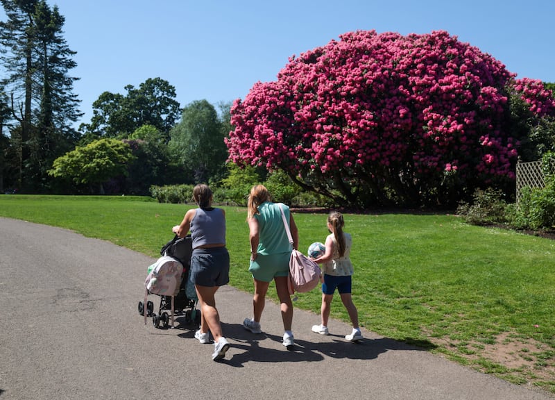 People enjoying the hot weather in Sir Thomas & Lady Dixon Park as temperatures are expected to rise to 28 °C in parts of Ireland this week. PICTURE: BRIAN LINCOLN