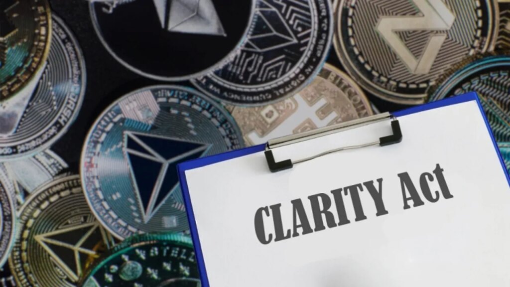 CLARITY Act document on a clipboard with cryptocurrency coins in the background