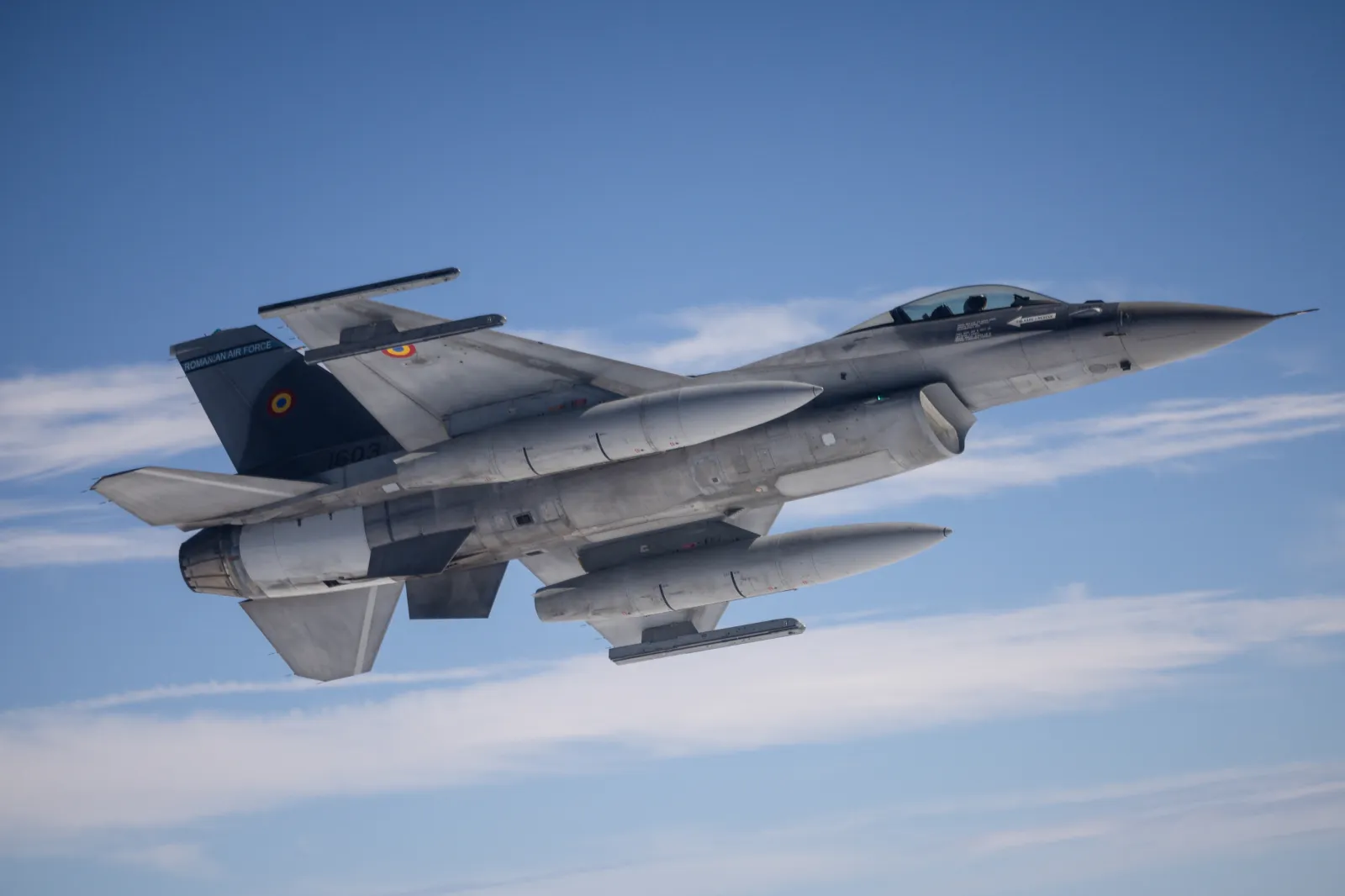 Photo from October 4, 2024 shows a Romanian Air Force F-16 fighter jet waiting for an aerial refuelling, while they participate in the "Ramstein Flag 2024" exercise.
