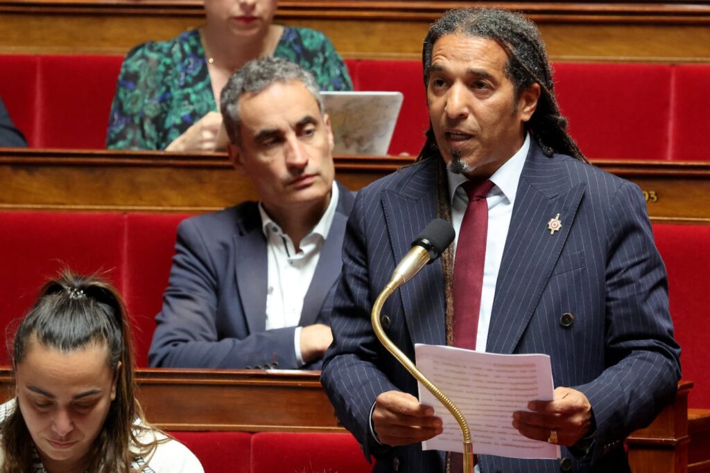 Ecologiste et Social's MP Steevy Gustave spoke during a session to debate a proposed bill aimed at abolishing the slavery-related laws at The National Assembly, France's lower house parliament, in Paris on May 28, 2026.
