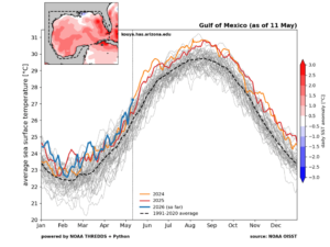 Sea surface temperatures in the Gulf of Mexico from 1991 to 2026. As of May 11, 2026, sea surface temperatures were tied with May 11, 2024, as the warmest on record for the date. (Image credit: Kim Wood, University of Arizona)