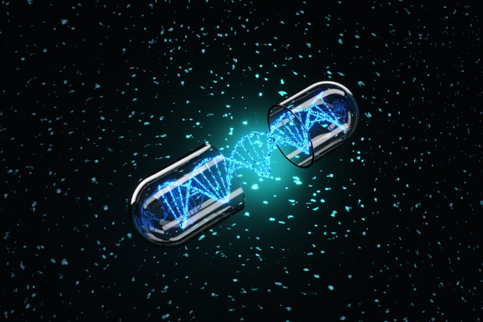 Blue glowing DNA strand inside an open transparent capsule on a dark background scattered with particles. 3D illustration of the concept of pharmaceutical development and AI assisted drug discovery