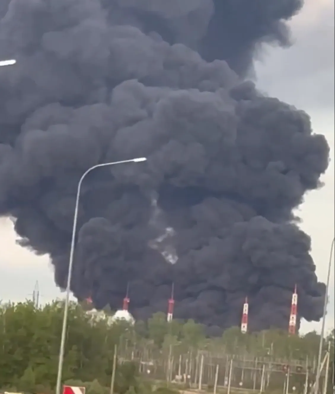 This grab is from a video posted by Ukrainian President Volodymyr Zelensky of a drone strike on an oil refinery in Moscow on May 16, 2026.