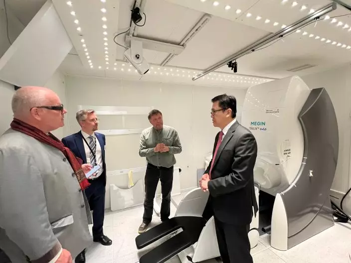 The Secretary for Innovation, Technology and Industry, Professor Sun Dong (first right), visited the Aalto University in Helsinki, Finland on May 13 (Helsinki time) and toured the university's magnetoencephalography laboratory to learn about the clinical application of the laboratory's research and development outcomes. Source: HKSAR Government Press Releases