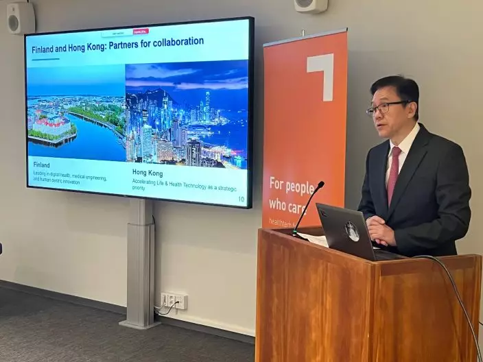 The Secretary for Innovation, Technology and Industry, Professor Sun Dong, attended a forum organised by Healthtech Finland and Finland Chamber of Commerce in Helsinki, Finland on May 13 (Helsinki time). Photo shows Professor Sun speaking at the forum. Source: HKSAR Government Press Releases