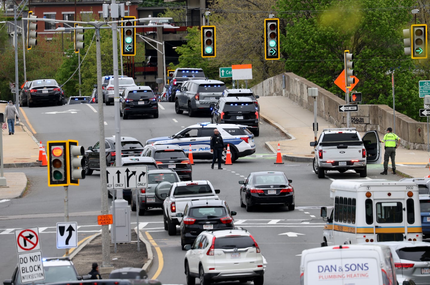 Cars were detoured trying to cross the River Street Bridge amid a heavy police presence on Memorial Drive in Cambridge on Monday. 