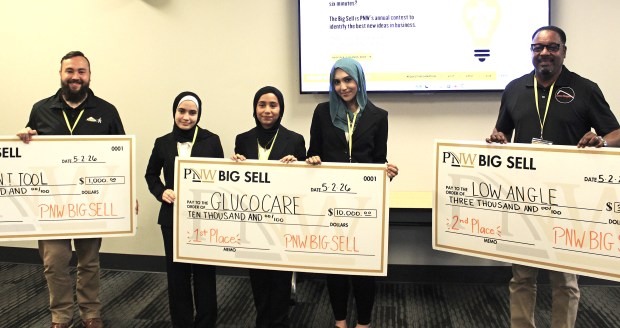 Winning concepts and presenters for the 2026 PNW Big Sell included, from left, The ANT Tool, third place; GlucoCare, first place; and Low Angle, second place. (Photo provided by Purdue Northwest)