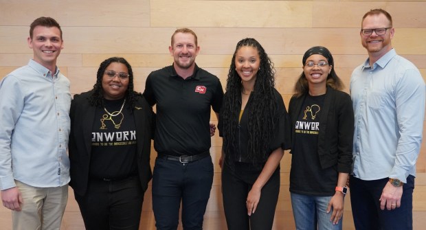 Guest speakers at the Society of Innovators at Purdue Northwest's 2026 SPARK Summit included, from left, Matthew Jones, Faith N. Spencer, Charlie Kimball, Olivia West, Emmani Ellis and Jason Williams. (Photo provided by Purdue Northwest)