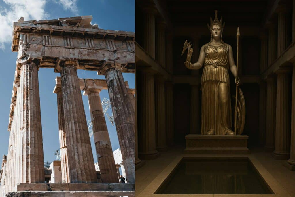 A tranquil water pool lies before the towering statue of the goddess Athena inside a recreated version of the Parthenon, framed by columns and bathed in soft, atmospheric lighting.