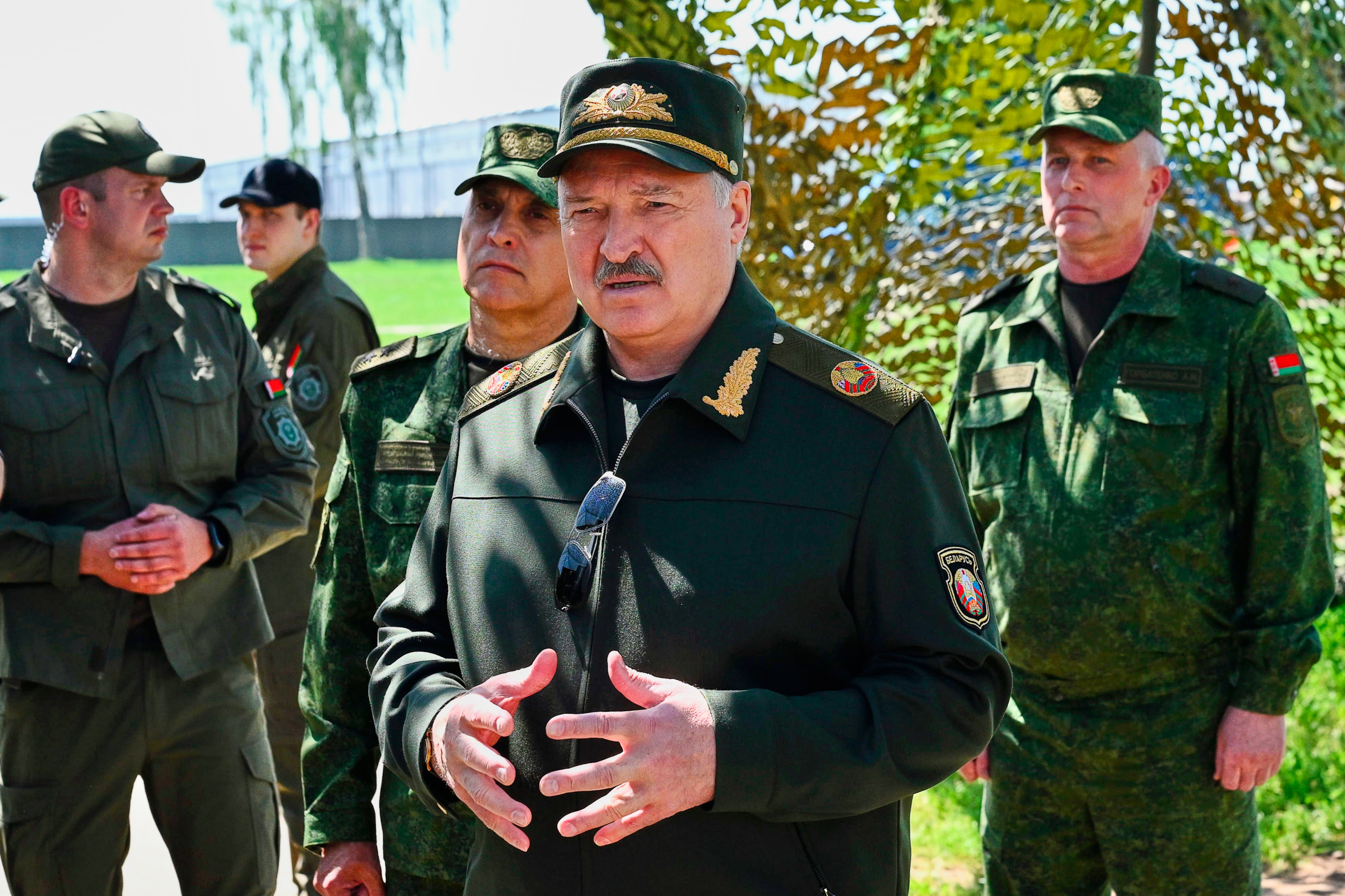 Alexander Lukashenko speaks to officers as he attends joint nuclear drills held by Russian and Belarusian armed forces in Asipovichy district of Belarus