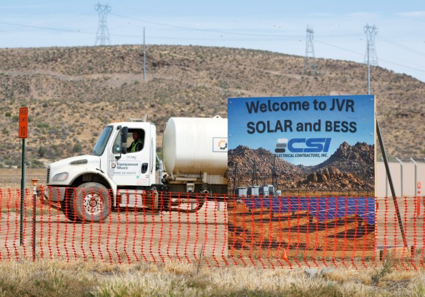 Construction continues at the JVR Energy Park, a solar energy facility and battery energy storage system near the U.S. - Mexico border on April 23, 2026 in Jacumba Hot Springs, CA. (K.C. Alfred / The San Diego Union-Tribune)