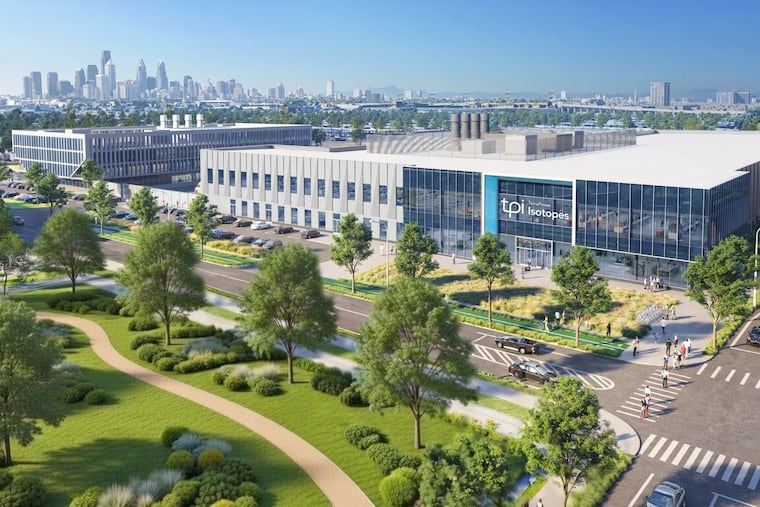 TerraPower Isotopes started construction on a $450 million South Philadelphia factory, shown here in an architectural rendering, that will produce radioactive molecules for use in cancer research and potential treatments.