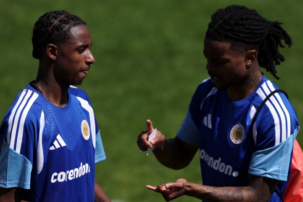 Ar'jany Martha and Sontje Hansen of Curacao speak during a training session at SJC Noordwijk on May 26, 2026 in Noordwijk aan Zee, Netherlands. Curacao are preparing in the Netherlands for their upcoming international friendly matches, before heading out to the United States to participate in their first ever FIFA World Cup. (Photo by Dean Mouhtaropoulos/Getty Images)