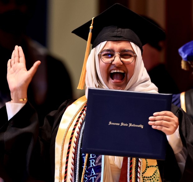 Sabikun Podprioty reacts after receiving her diploma at Sonoma State University's College of Science, Technology and Business commencement, Saturday, May 23, 2026, at the Green Music Center, in Rohnert Park. (Kent Porter / The Press Democrat)