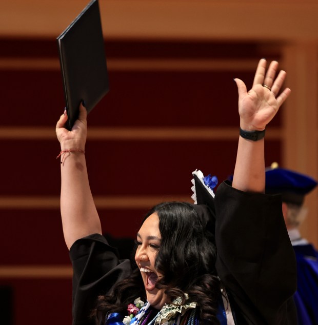 Vasty Ortiz Arango reacts after receiving her diploma, Saturday, May 23, 2026, during Sonoma State University commencement ceremonies at the Green Music Center in Rohnert Park. (Kent Porter / The Press Democrat)