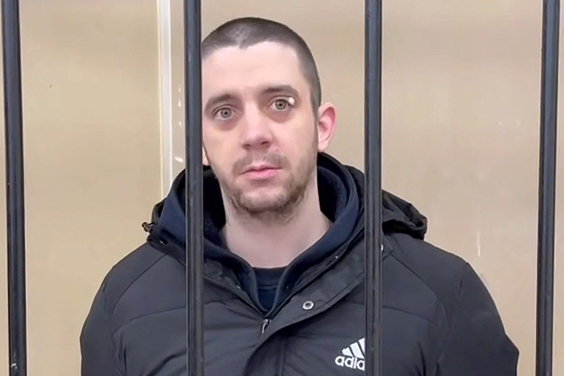 Hayden Davies, a British citizen accused of participating as a mercenary in an armed conflict, attends his verdict hearing at the supreme court in Donetsk, Russian-controlled Ukraine