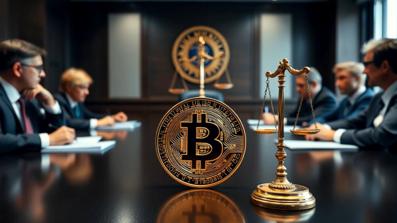 Bitcoin coin and legal scales on a table during a crypto regulation meeting