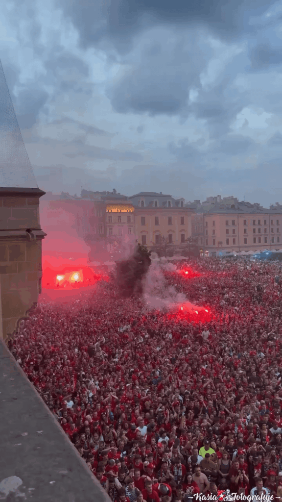 Fans of Polish football club Wisla Krakow celebrating their promotion to the First Division.