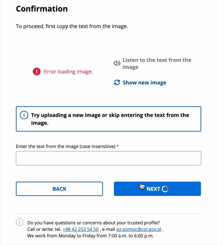 I can't create a Profile Zaufany because the confirmation image isn't generating, is there anything I can do?
