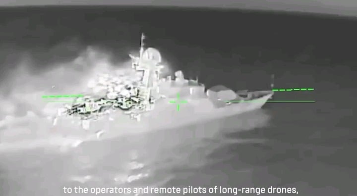 Burning Russian project 21630 Buyan corvette hit w/ Ukrainian drone. Date & location unknown. Published 05/27/2026.