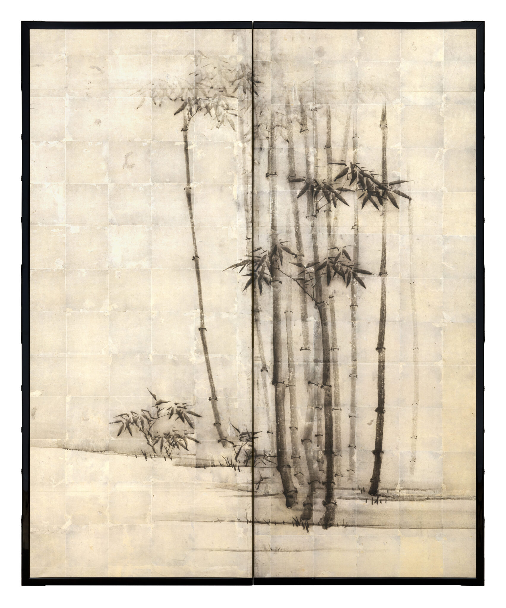 Kano School, “Bamboo,” ca. 1800-1850. Two-panel folding screen, ink on silver leaf over paper.