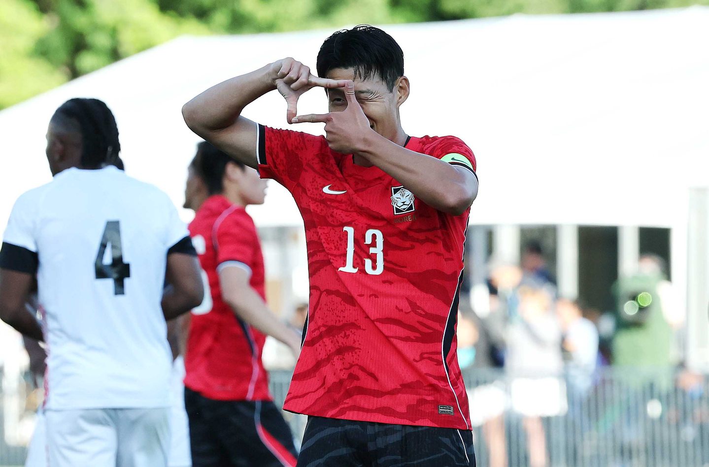 Son Heung-min of the Korea national football team celebrates after scoring during a friendly match against Trinidad and Tobago at South Field on the campus of Brigham Young University in Salt Lake City, Utah, on May 31. [NEWS1]