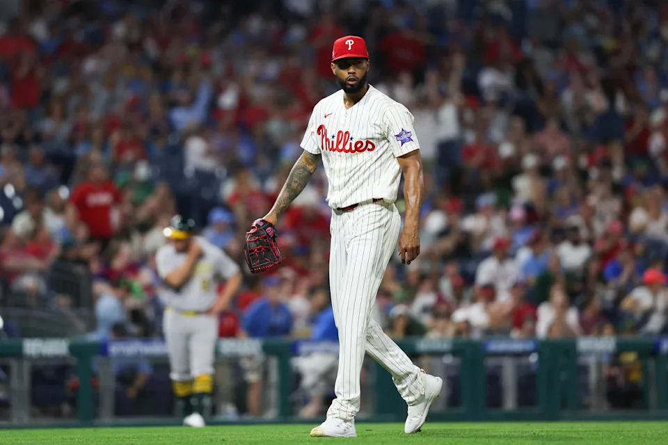 May 5, 2026; Philadelphia, Pennsylvania, USA; Philadelphia Phillies pitcher Cristopher Sanchez (61) plays against the Athletics at Citizens Bank Park. Mandatory Credit: Bill Streicher-Imagn Images