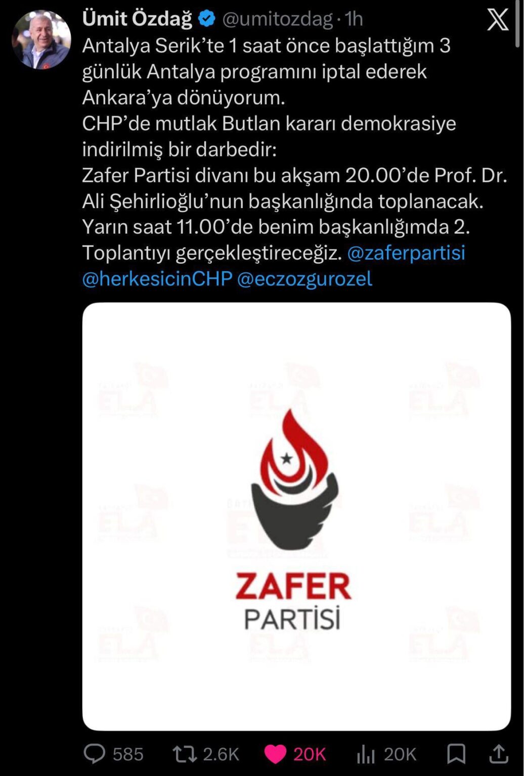 Ümit Özdağ announced that he canceled his entire program and returned to Ankara to support Özgür Özel