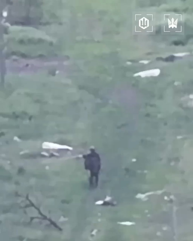 FPV drone hits Russian soldier spotted slowly stumbling along dirt path. Ukraine's 414th Strike UAS Brigade, published 5/24/2026.