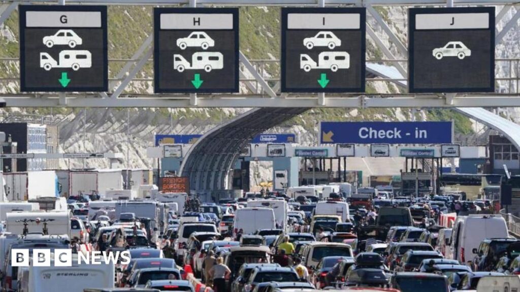 An overhead shot of queues of cars waiting at the check-in at the Port of Dover