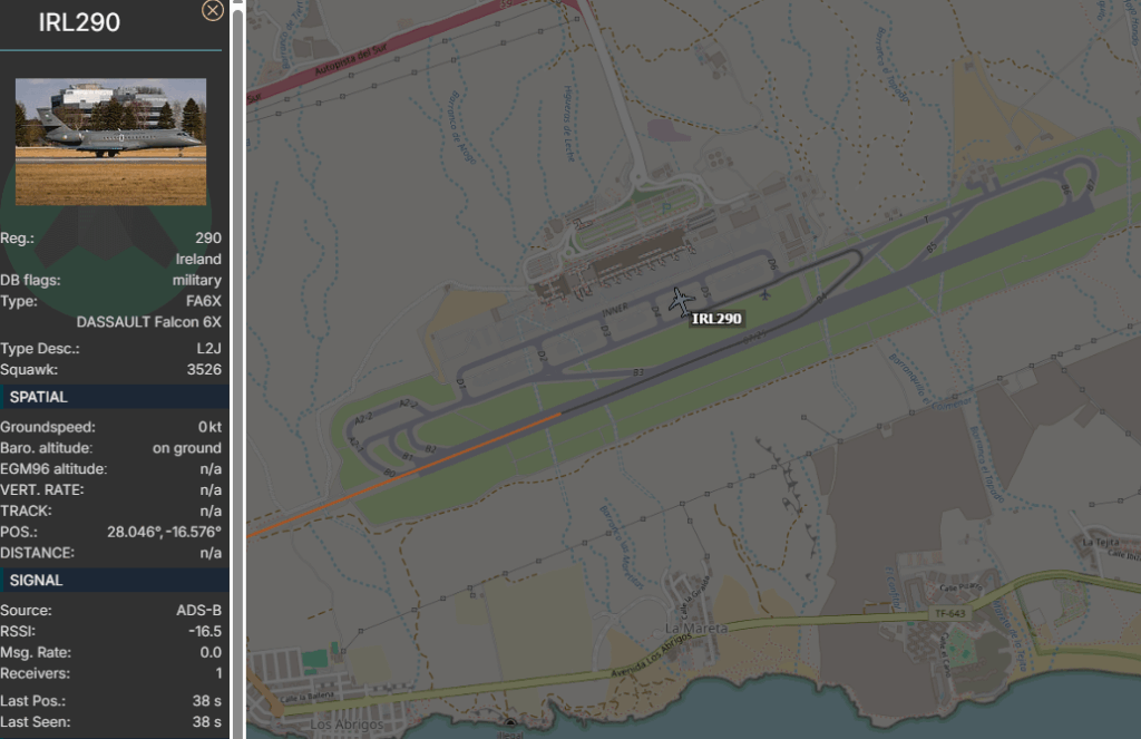 Irish Air Corps Falcon 6X has arrived in Tenerife to evacuate two Irish citizens from the MV Hondius