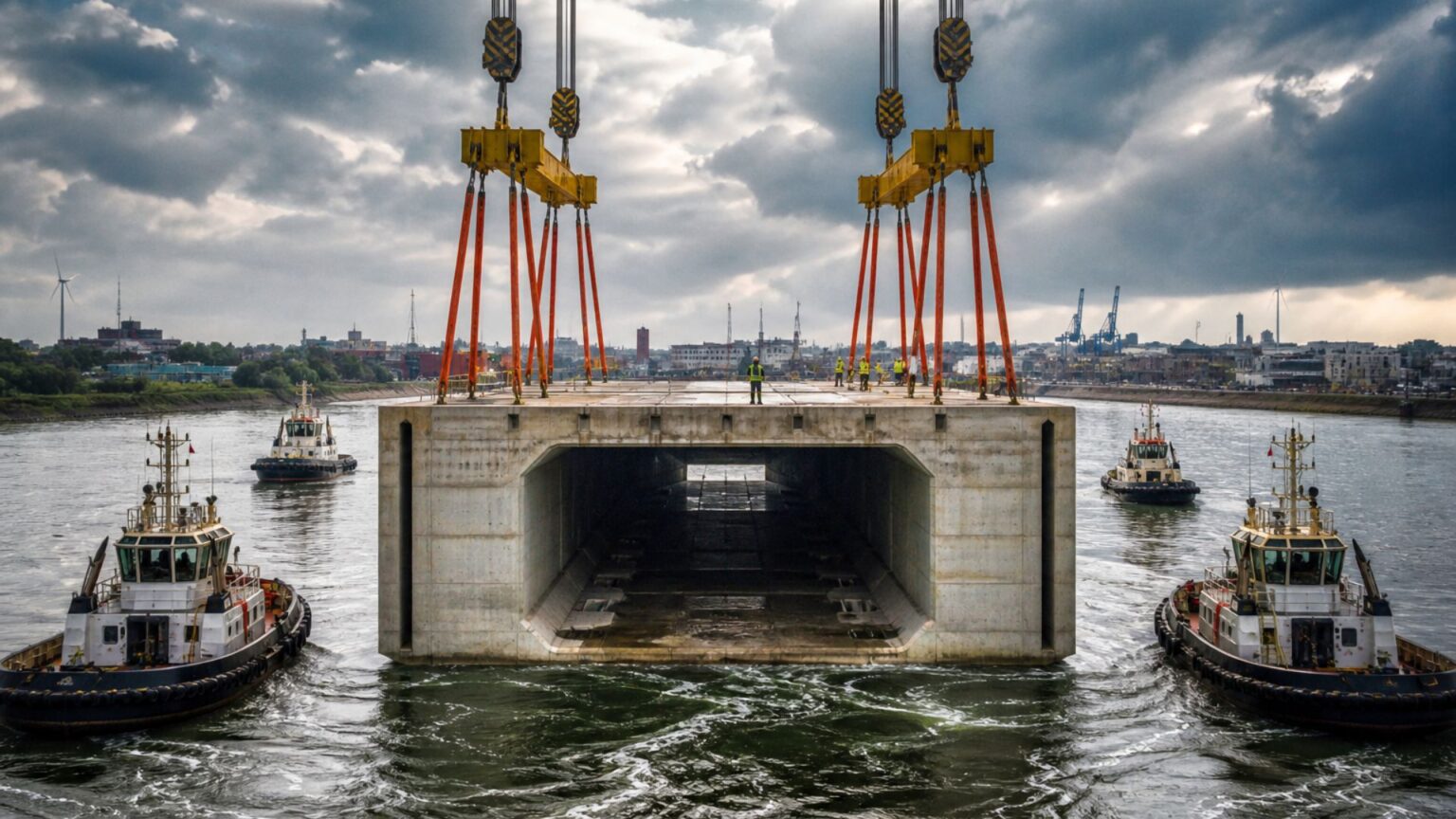 Belgium transported 8 concrete blocks weighing 60,000 tons over 100 kilometers to sink them under a river and close the Antwerp ring road; the operation creates a 1.8 km immersed tunnel with a bike path and targets one of Europe's biggest logistical bottlenecks.