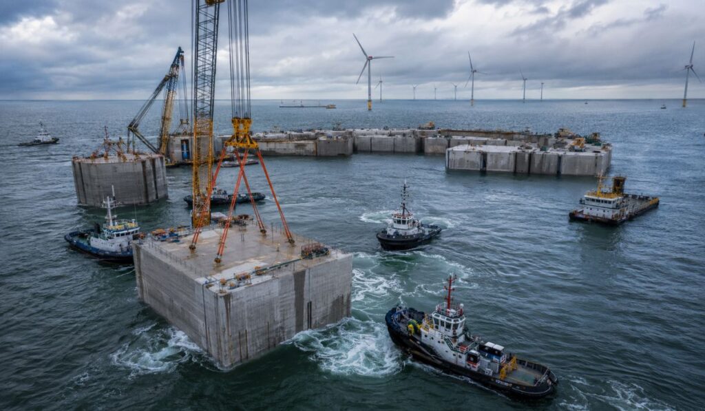 Belgium will sink 23 giant concrete caissons, each weighing 22,000 tons, in the North Sea to build the world's first artificial energy island 45 km off the coast, forming offshore electrical walls.