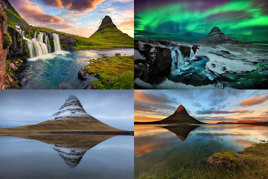 Mount Kirkjufell in the different seasons of Iceland. From left to right: summer, winter, spring, and fall Mount Kirkjufell in the different seasons of Iceland. From left to right: summer, winter, spring, and fall