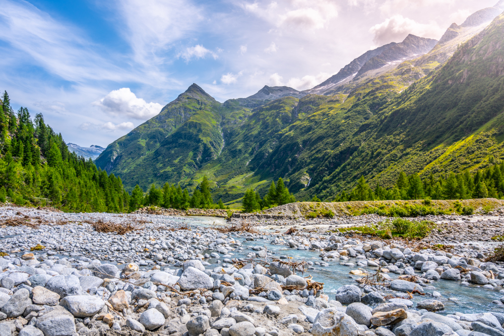 Wild alpine river in Gschlosstal Valley, Hohe Tauern National Park, East Tyrol, Austrian Alps