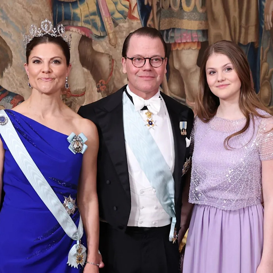 Princess Estelle, Crown Princess Victoria and Prince Daniel in evening wear.