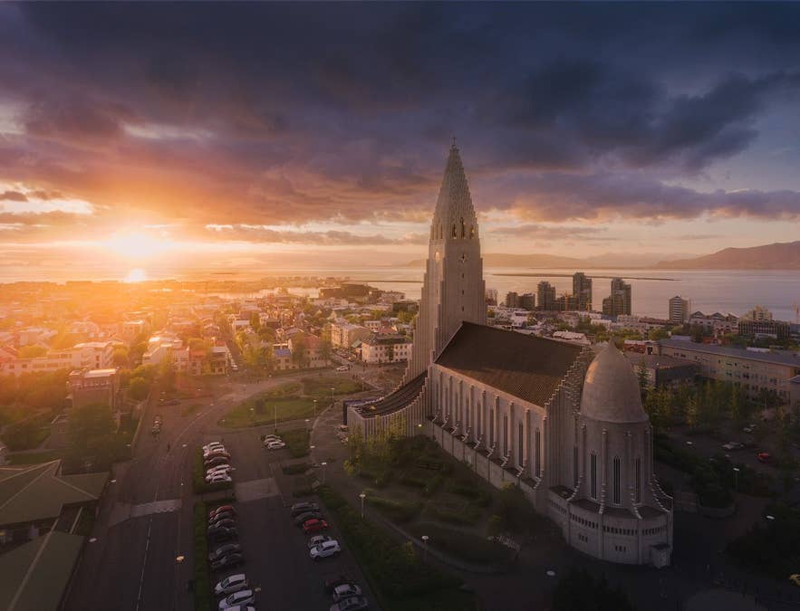 Hallgrímskirkja church in Reykjavík bathed in the Midnight Sun Hallgrímskirkja church in Reykjavík bathed in the Midnight Sun